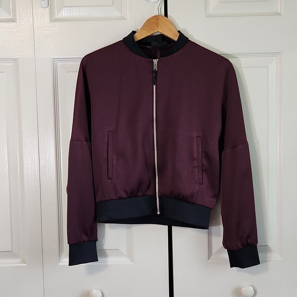 Topshop Burgundy Satin Bomber Jacket US 2 Zip Up Drop Shoulder Varsity Urban